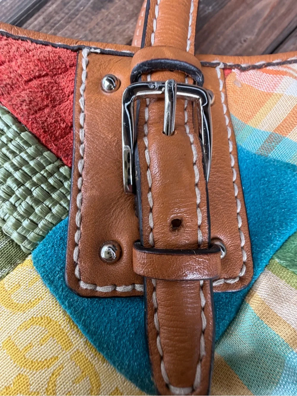 Fossil Key Patchwork Multicolor Satchel Handbag with Tan Leather Trim
